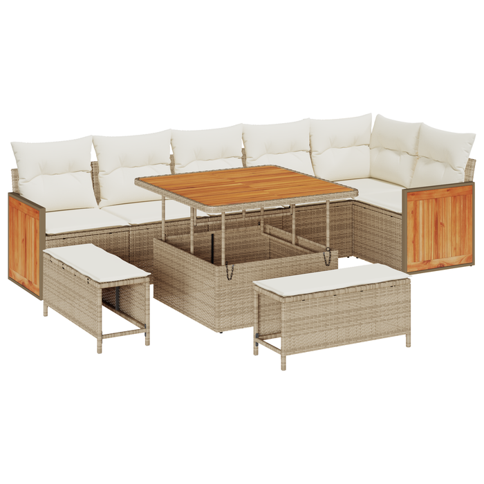 Set di Divani da Giardino 9 Pezzi con Cuscini Beige Polyrattan Acacia