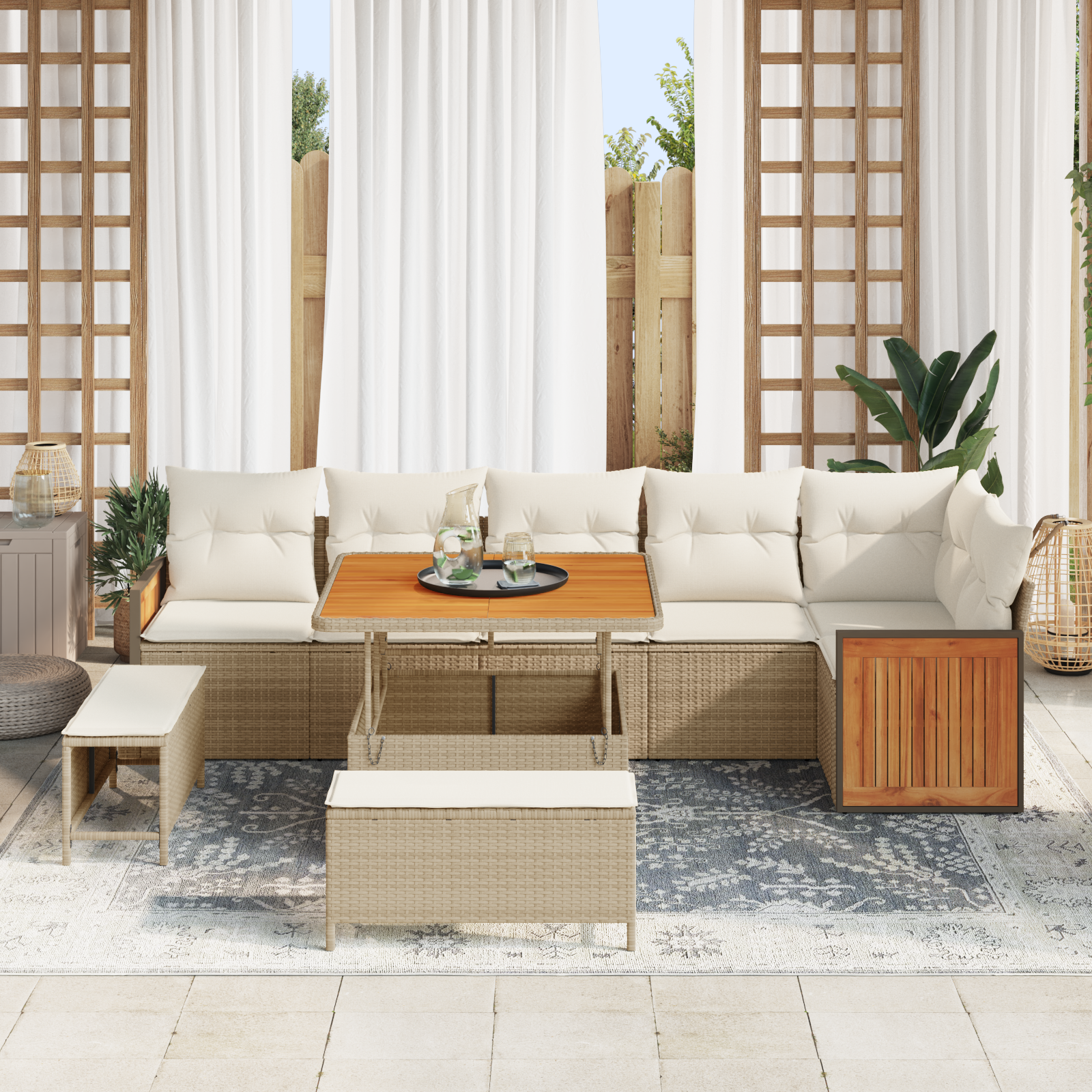 Set di Divani da Giardino 9 Pezzi con Cuscini Beige Polyrattan Acacia