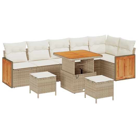 Set di divani da giardino  9 pezzi con cuscini beige in polyrattan acacia