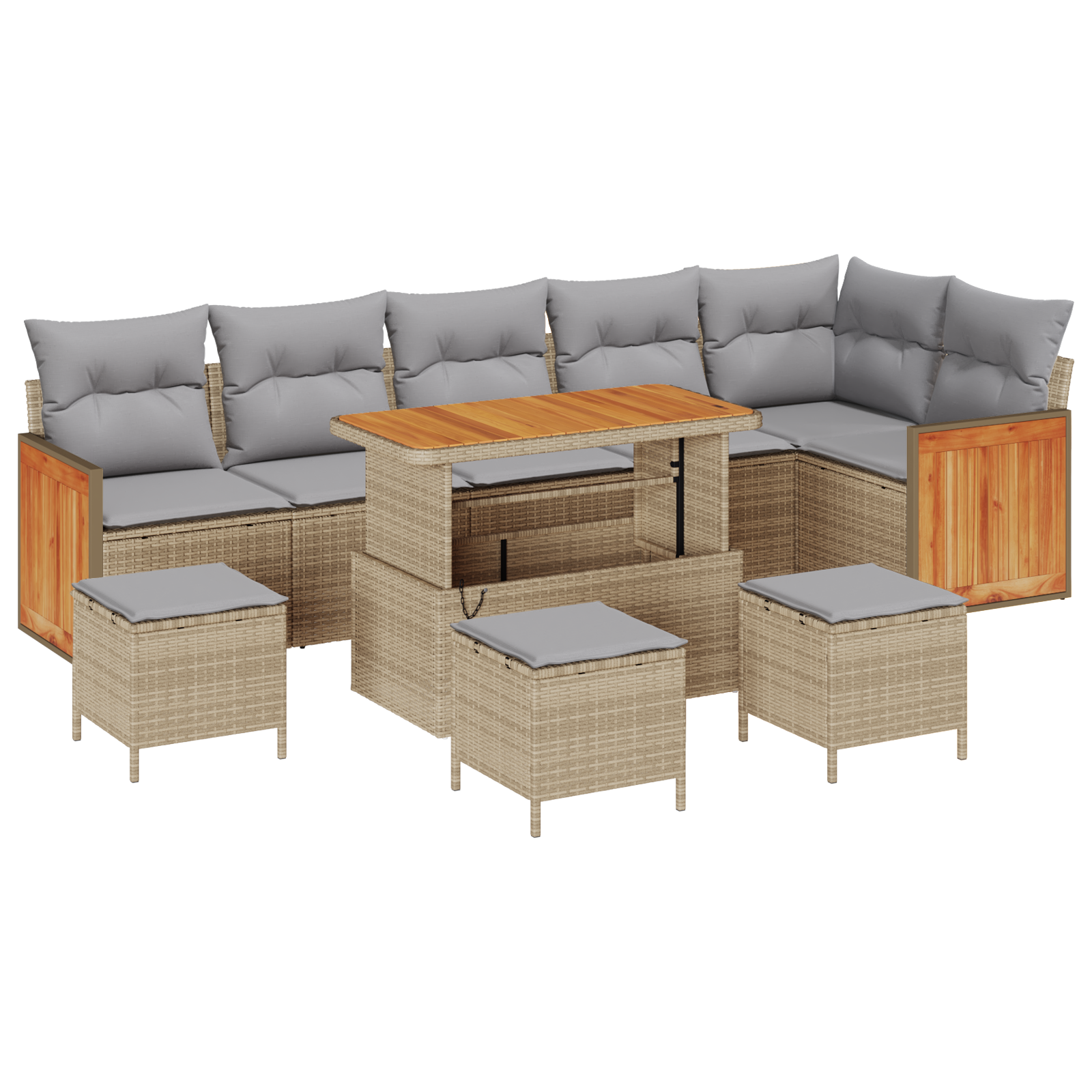 Set di Divani da Giardino 10 Pezzi con Cuscini Beige Polyrattan Acacia