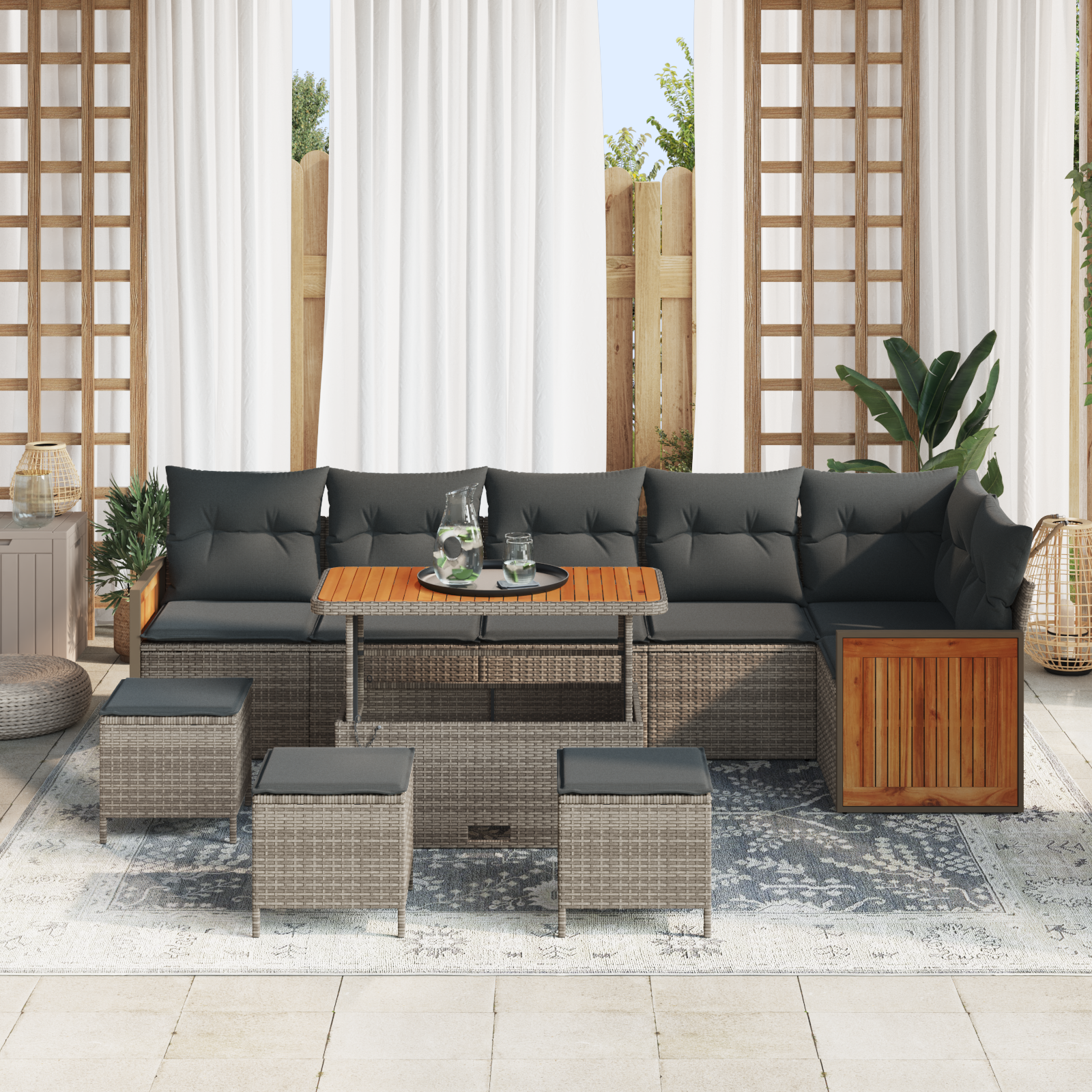 Set di Divani da Giardino 10 Pezzi con Cuscini Grigio Polyrattan Acacia