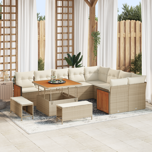 Set di Divani da Giardino da 12 Pezzi con Cuscini Beige Polietilene Rattan Acacia