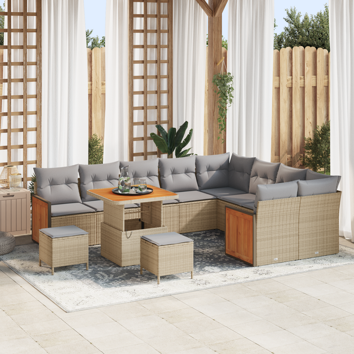 Set Divano da Giardino 12 Pezzi con Cuscini Beige Polyrattan Acacia