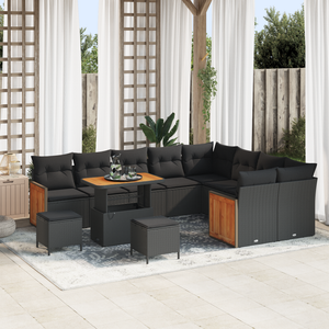 Set di Divani da Giardino 12 Pezzi con Cuscini Nero Polyrattan Acacia