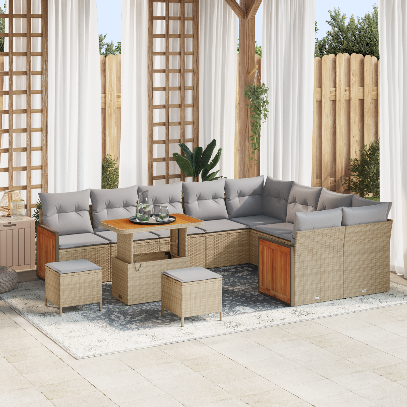 Set da Giardino con 12 Pezzi e Cuscini Beige Polyrattan Acacia