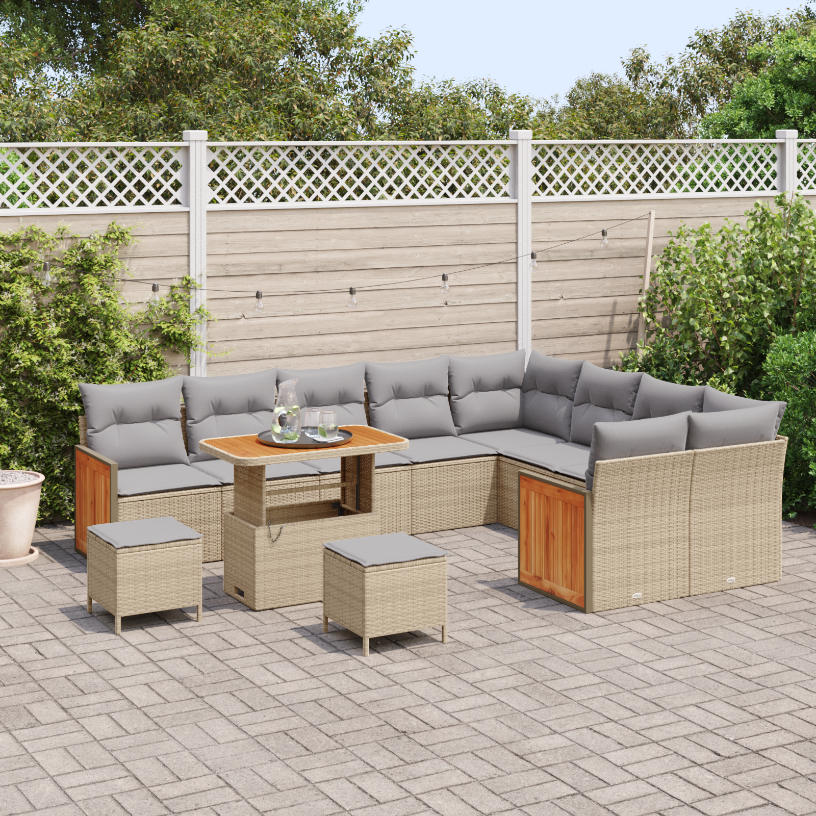 Set da Giardino con 12 Pezzi e Cuscini Beige Polyrattan Acacia