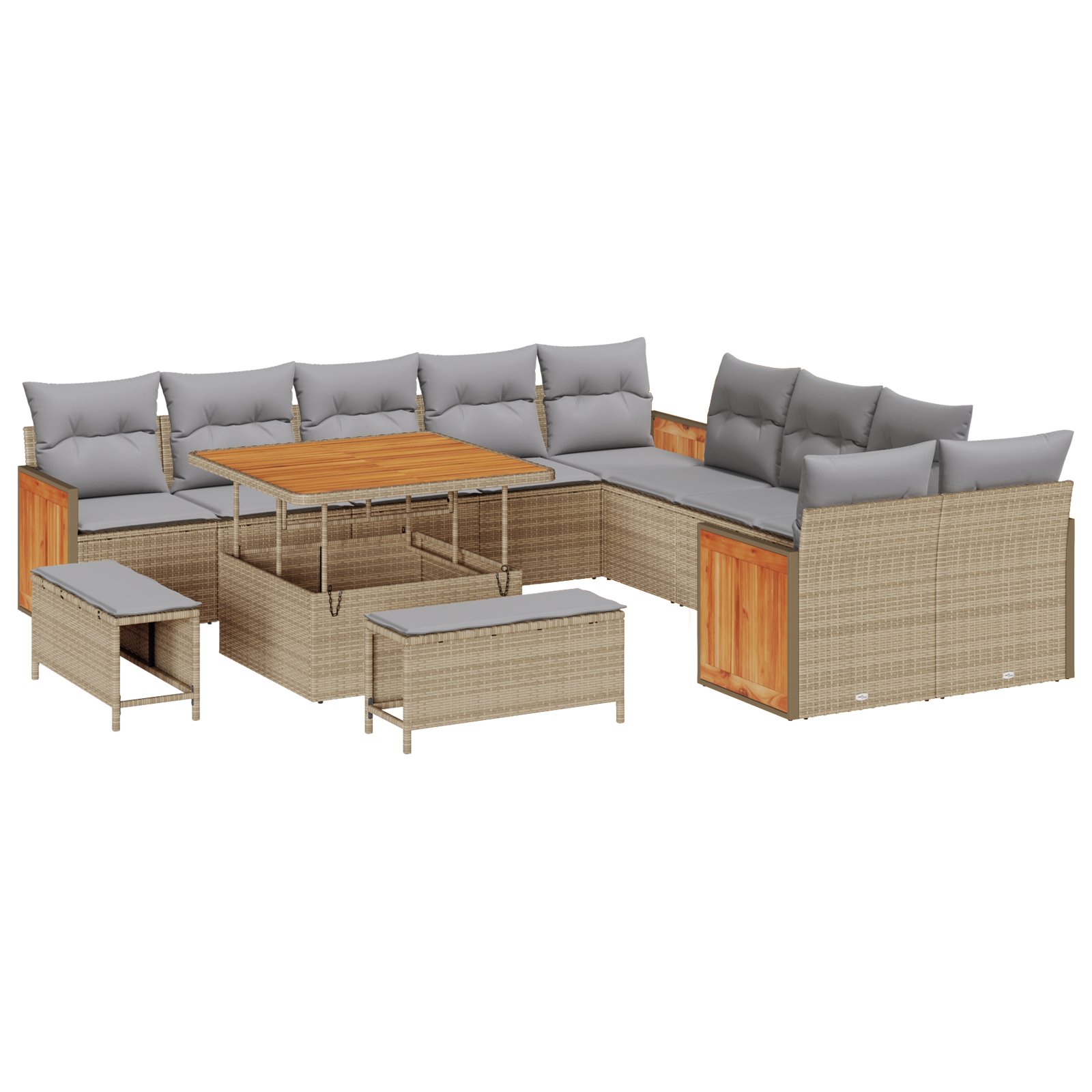 Set di divani da giardino da 13 pezzi con cuscini beige in polyrattan acacia