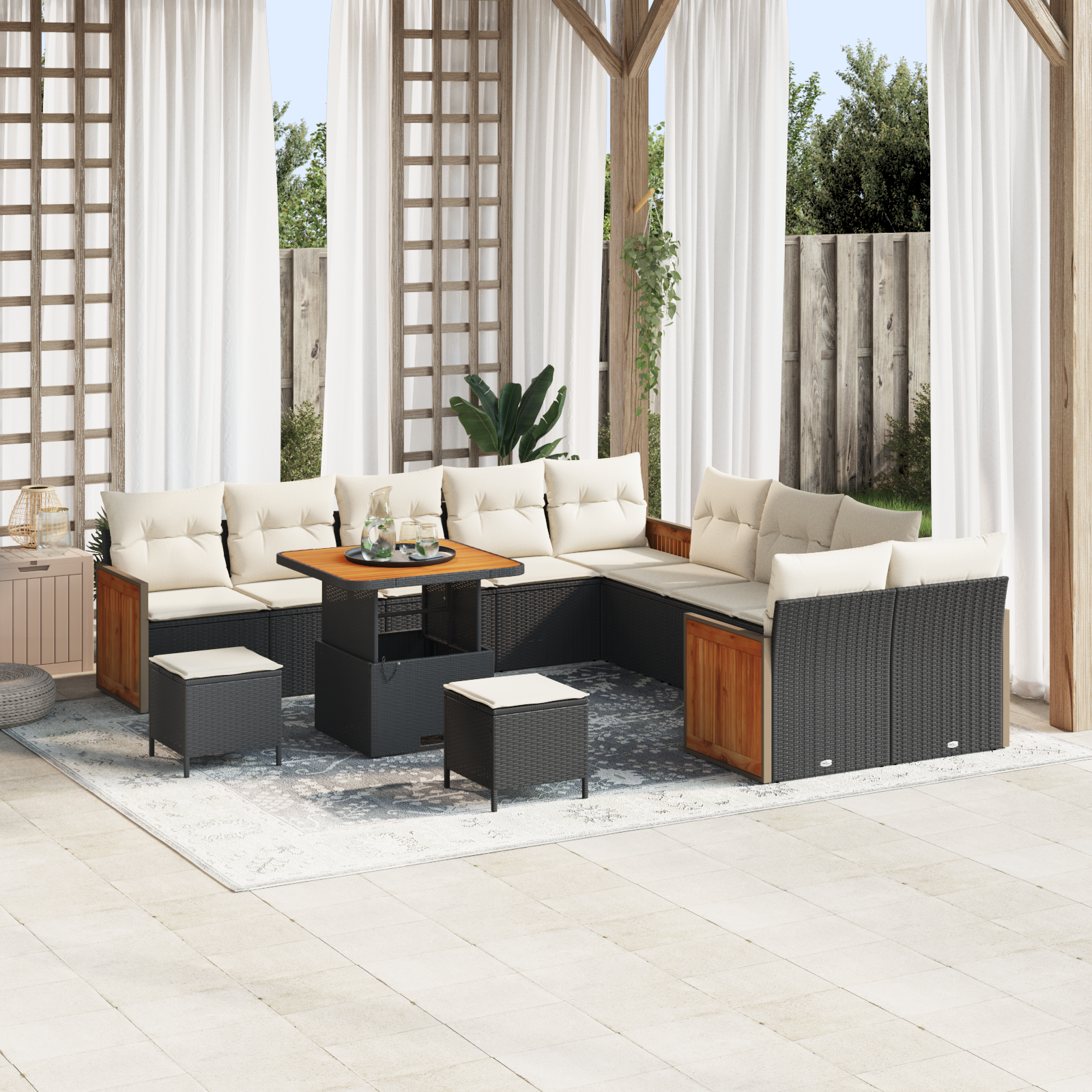 Set di Sofà da Giardino  13 Pezzi con Cuscini Nero Polyrattan Acacia