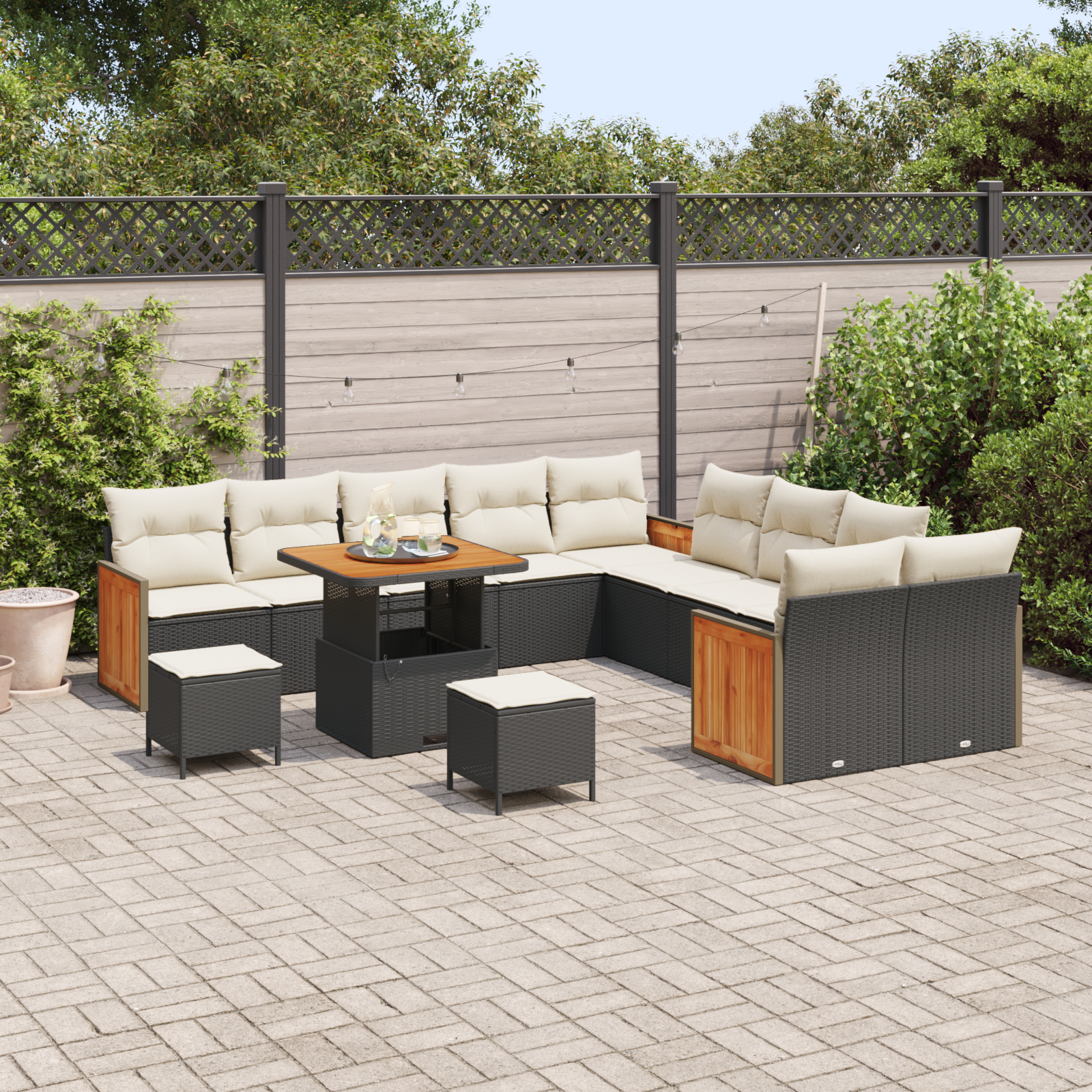 Set di Sofà da Giardino  13 Pezzi con Cuscini Nero Polyrattan Acacia
