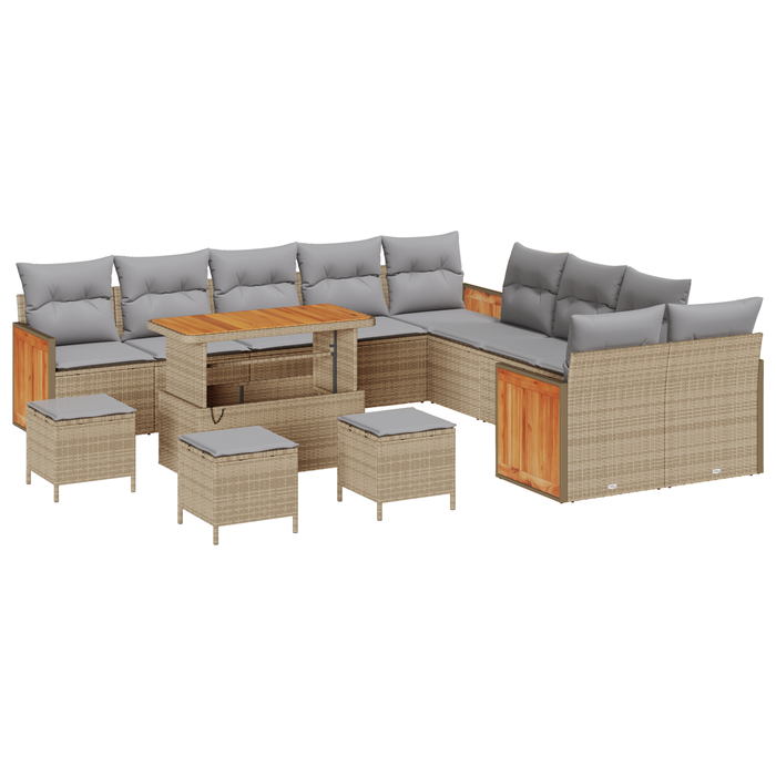 Set Divano da Giardino  14 Pezzi con Cuscini Beige Polyrattan Acacia