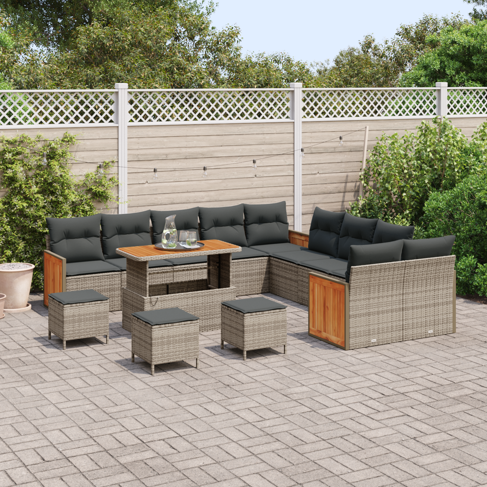 Set Divano da Giardino 14 Pezzi con Cuscini Grigio Polirattan Acacia
