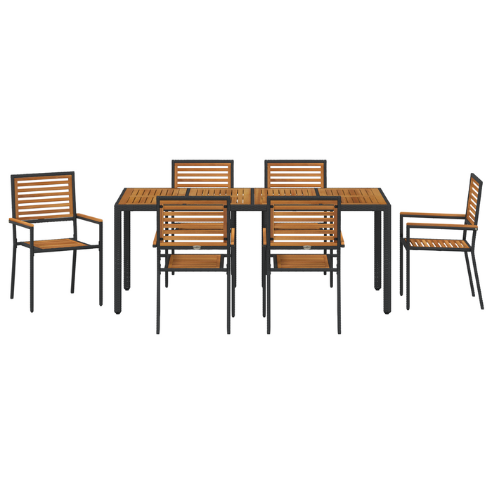 Set da Pranzo per Giardino  7 Pezzi in Rattan Polietilene Nero e Acacia