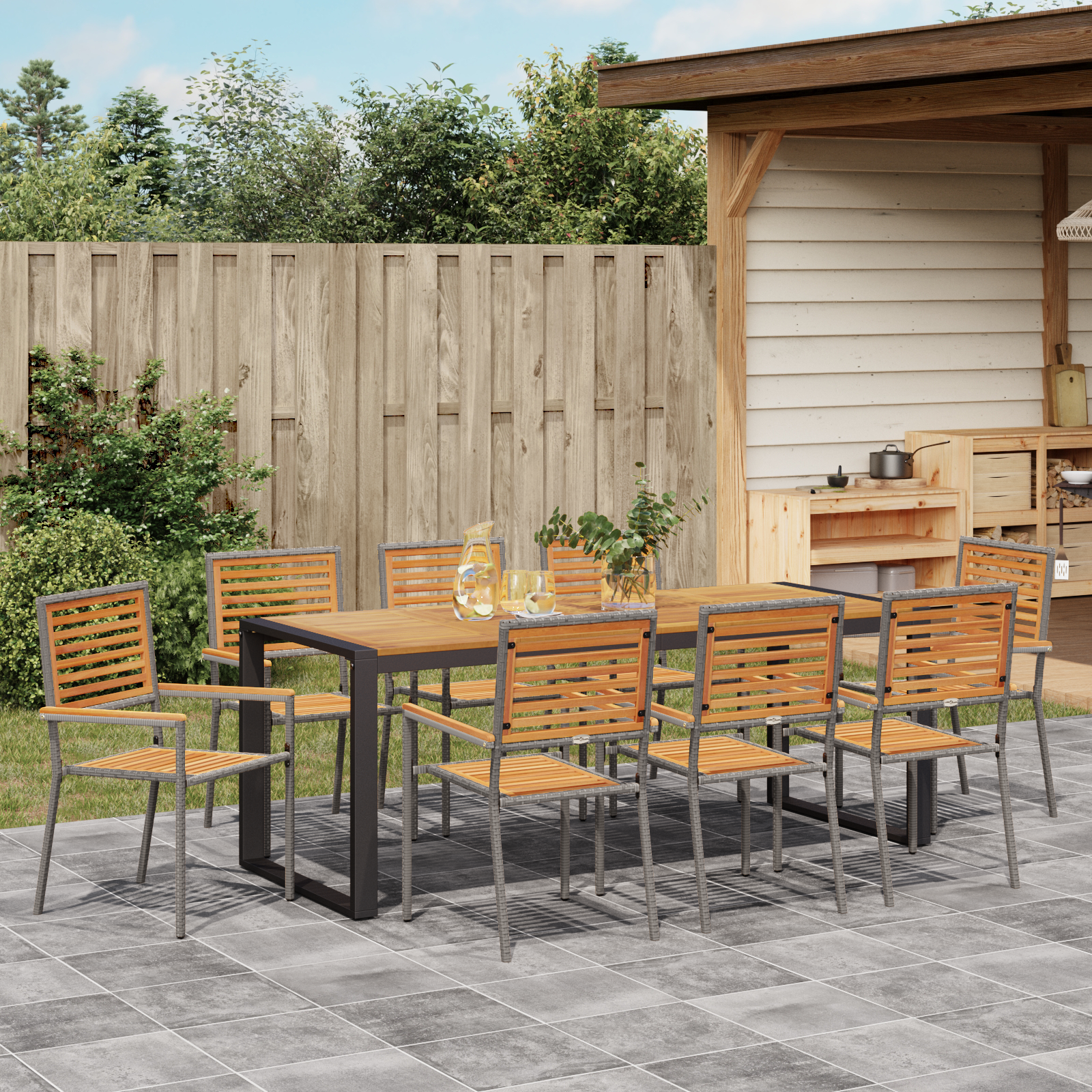 Set da Pranzo per Giardino 9 Pezzi  Grigio Poly Rattan Acacia