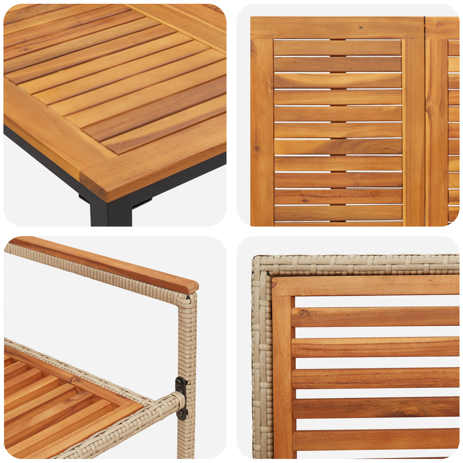 Set pranzo giardino  3 pezzi in rattan poliestere beige e acacia