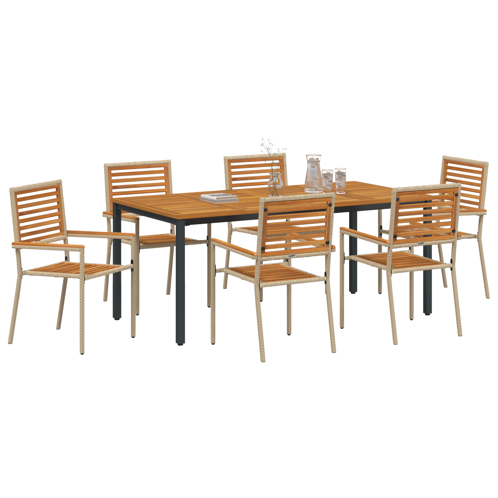Set da Pranzo da Giardino  da 7 Pezzi Beige in Polyrattan e Acacia