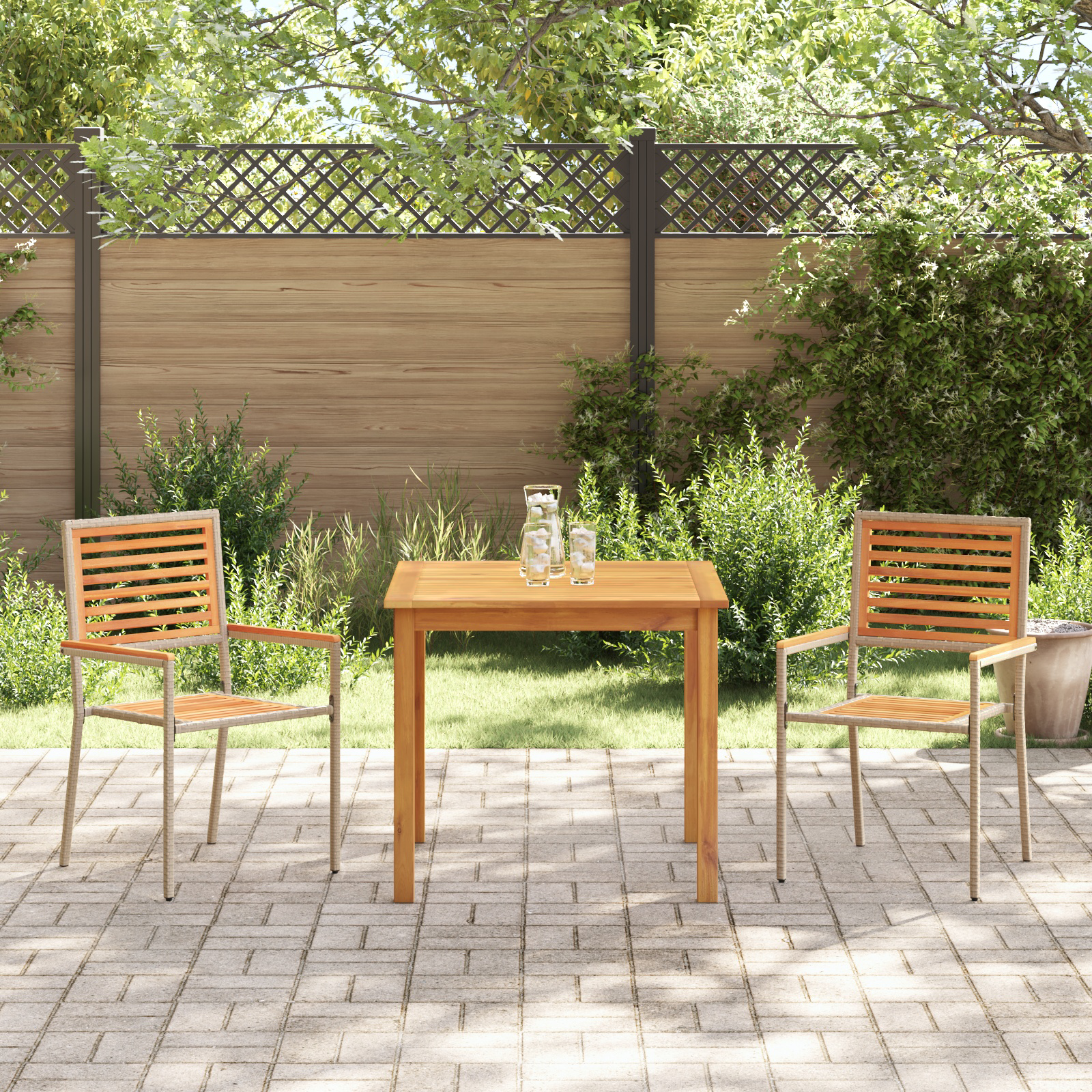 Set da Pranzo da Giardino  in 3 Pezzi Rattan Polietilene Beige Acacia