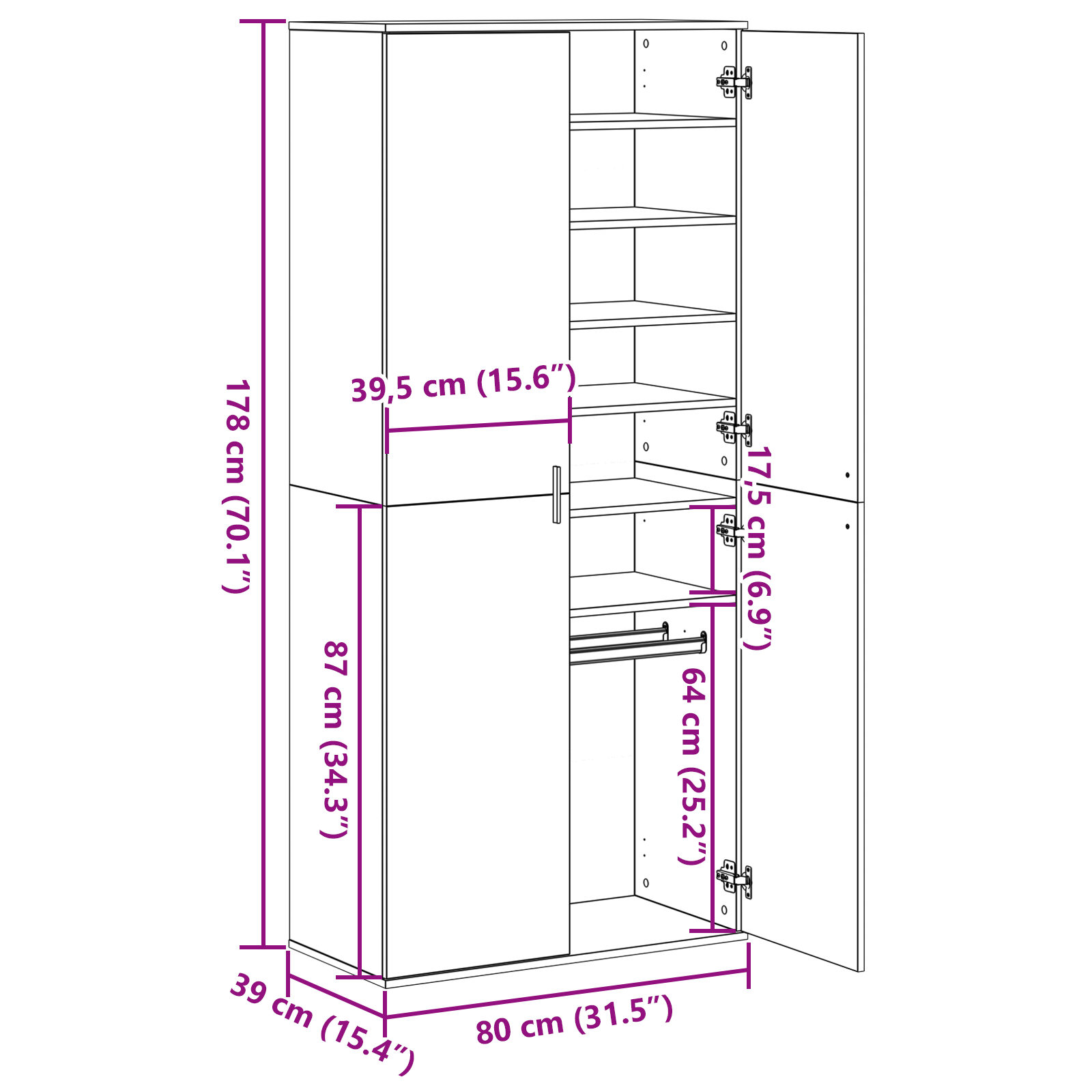 Highboard Rovere Artigianale 80x39x178 cm Legno Ingegnerizzato