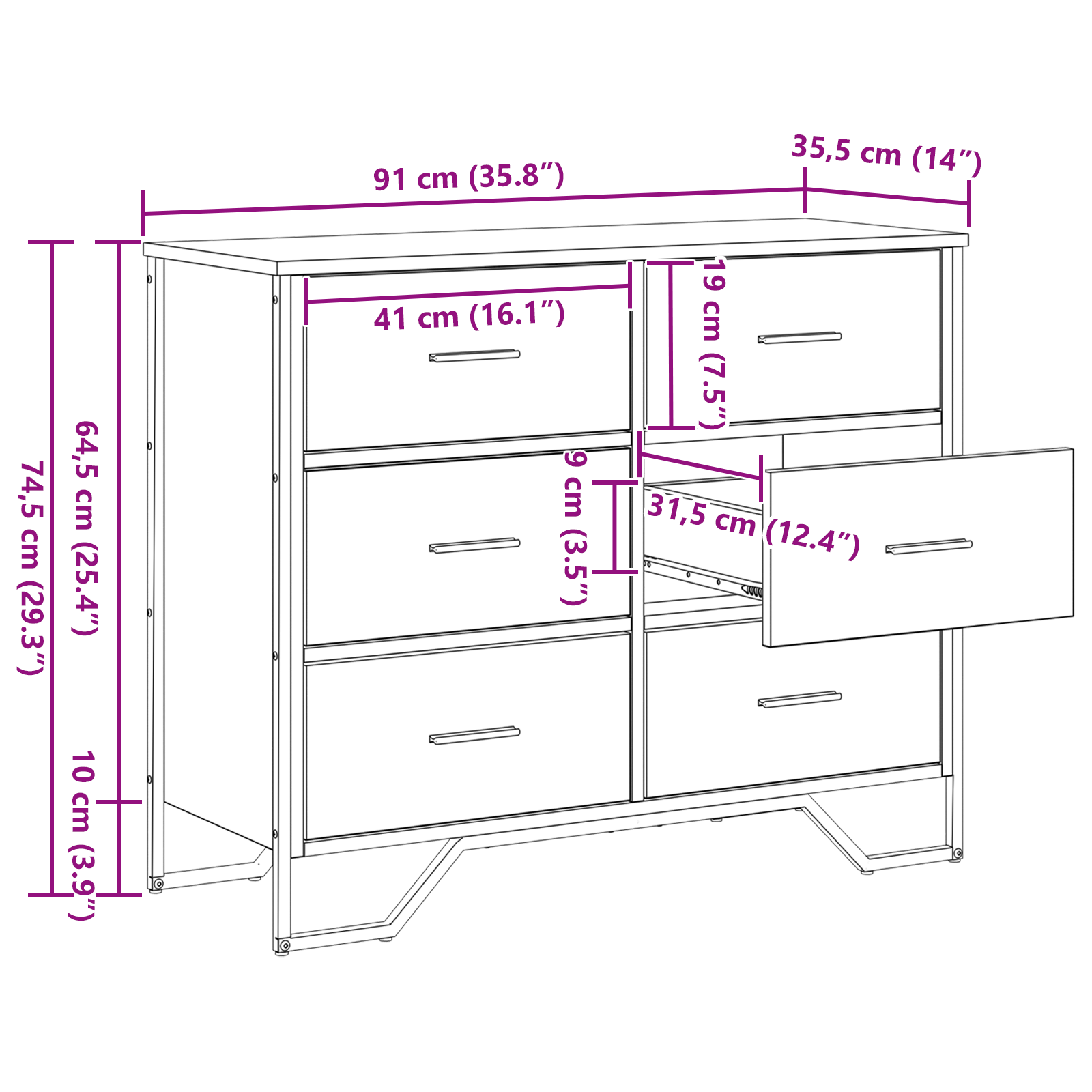 Cassettiera Legno Vecchio 91x35.5x74.5 cm Legno Ingegnerizzato