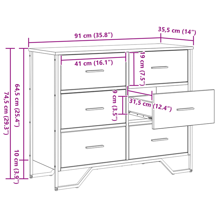 Cassettiera Legno Vecchio 91x35.5x74.5 cm Legno Ingegnerizzato