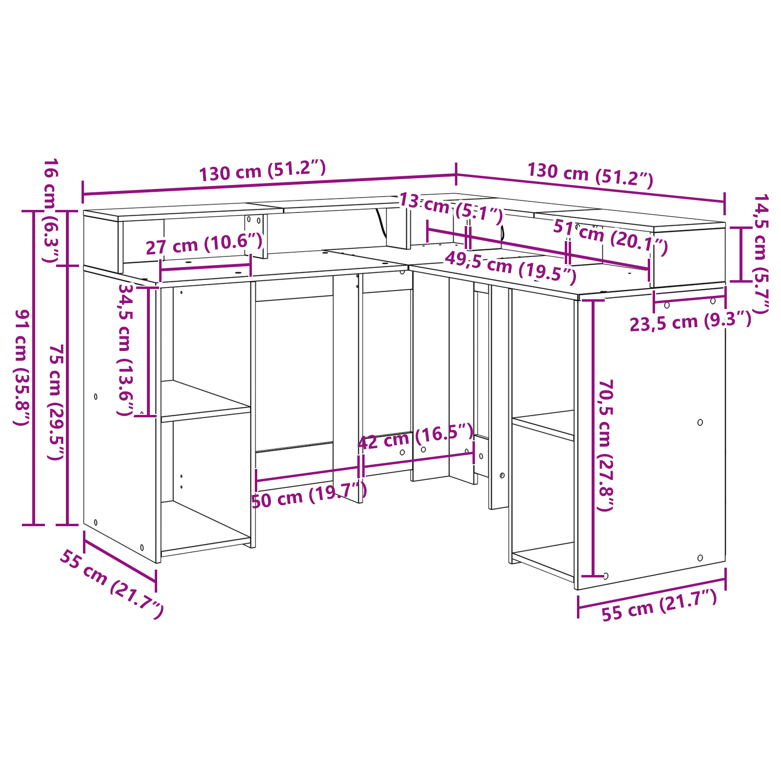 Scrivania Rovere Nero 130x130x91 cm Legno ingegnerizzato