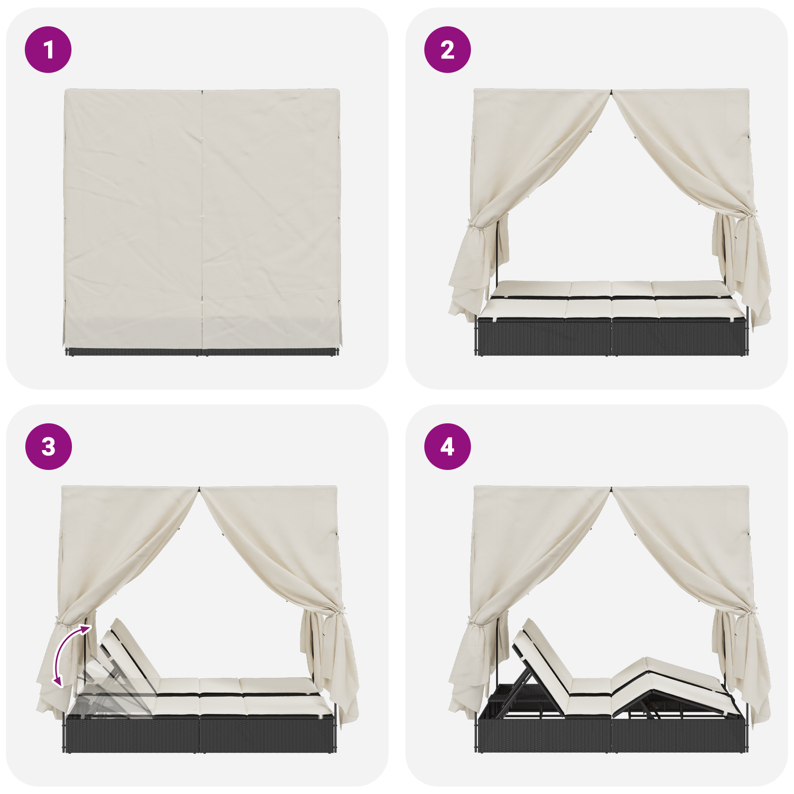 Doppio Lettino Prendi Sole con Tetto e Tendine Nero Polyrattan