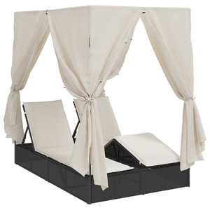 Doppio Lettino Prendi Sole con Tetto e Tendine Nero Polyrattan