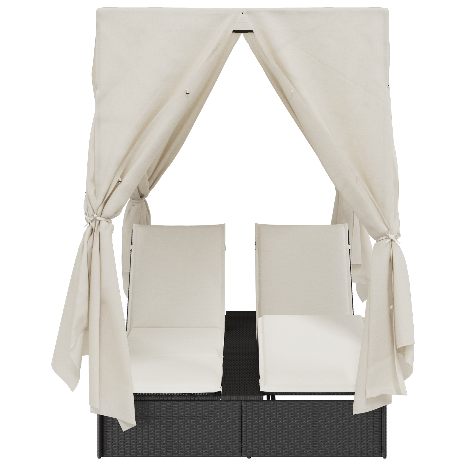 Doppio Lettino Prendi Sole con Tetto e Tendine Nero Polyrattan