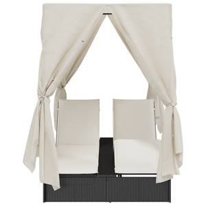 Doppio Lettino Prendi Sole con Tetto e Tendine Nero Polyrattan