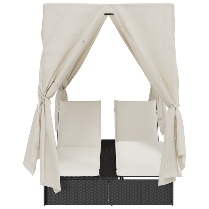 Doppio Lettino Prendi Sole con Tetto e Tendine Nero Polyrattan
