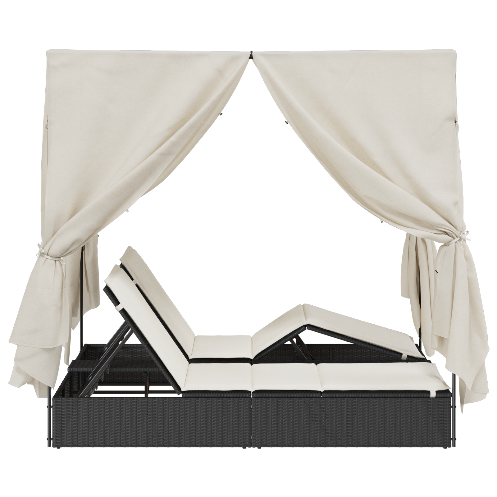 Doppio Lettino Prendi Sole con Tetto e Tendine Nero Polyrattan