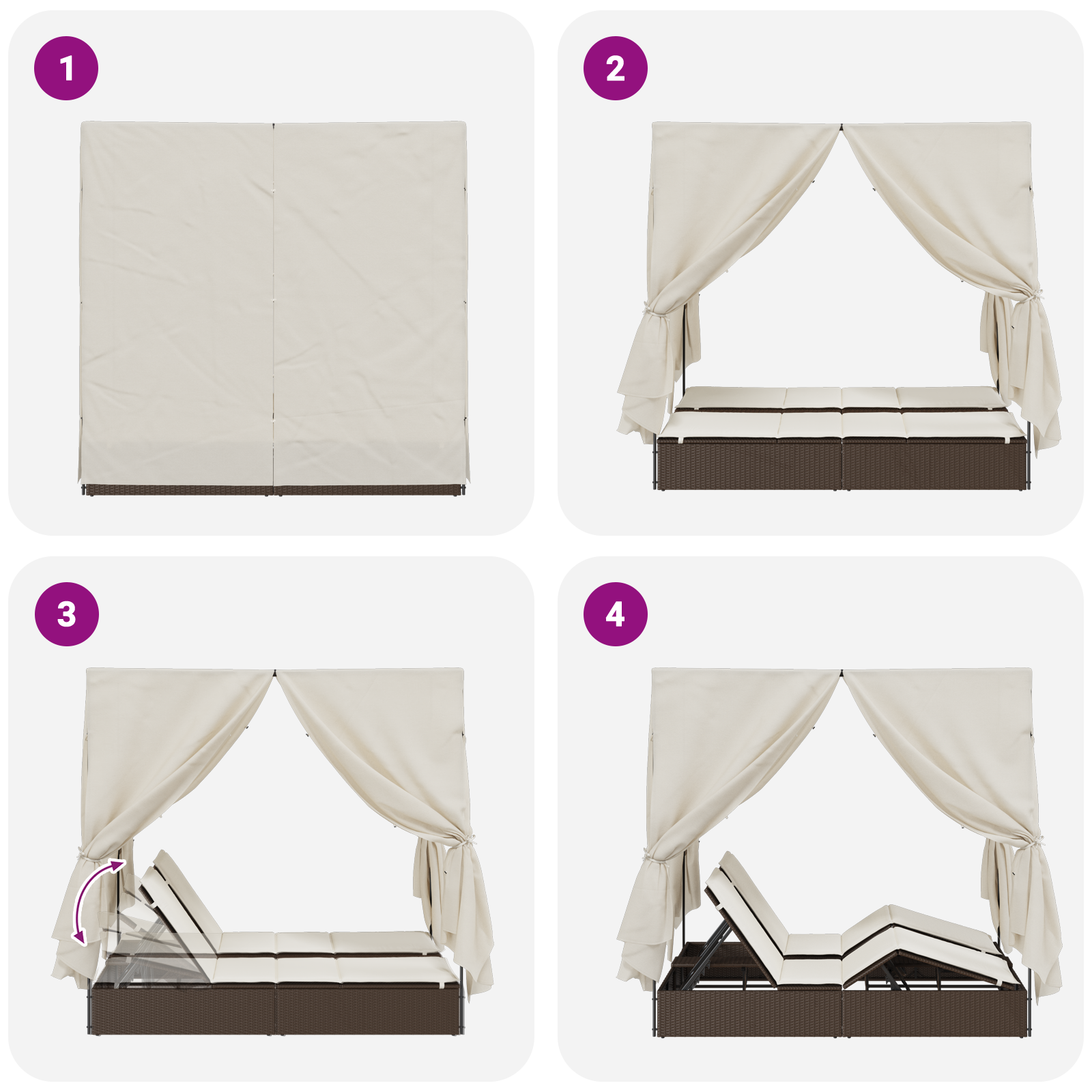 Lettino doppio  con tetto e tende in polyrattan marrone