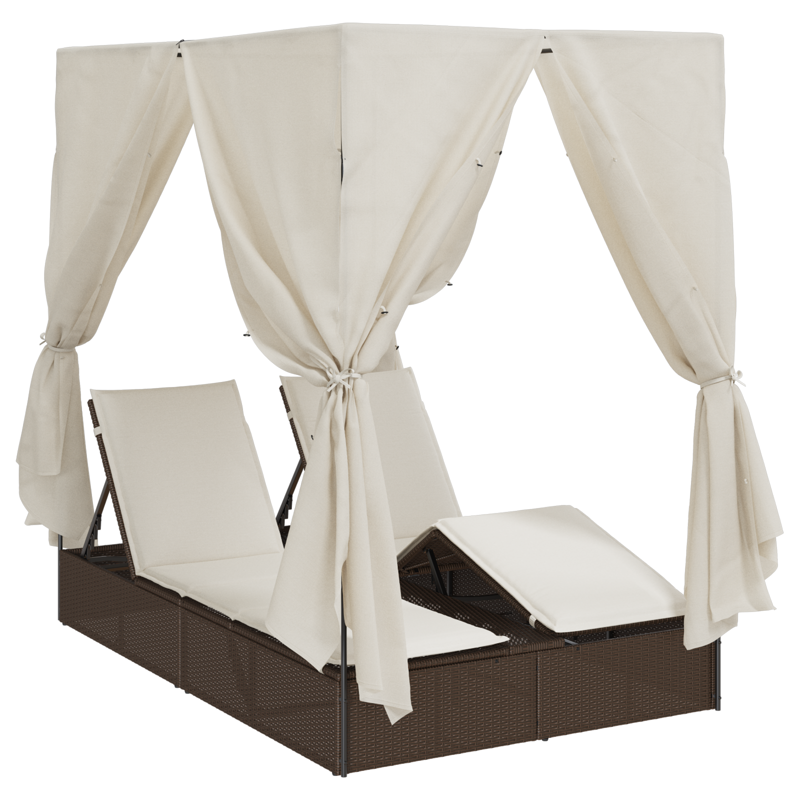 Lettino doppio  con tetto e tende in polyrattan marrone