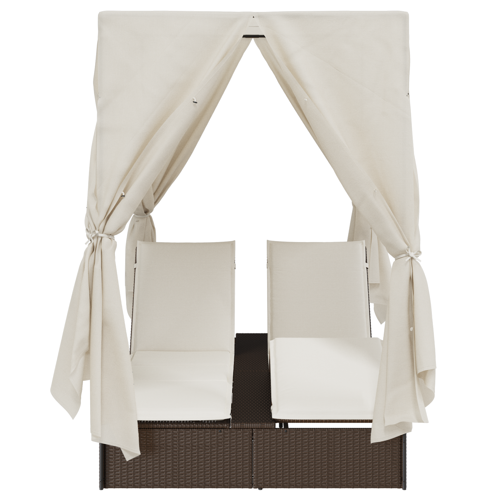 Lettino doppio  con tetto e tende in polyrattan marrone