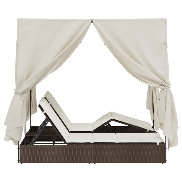 Lettino doppio  con tetto e tende in polyrattan marrone