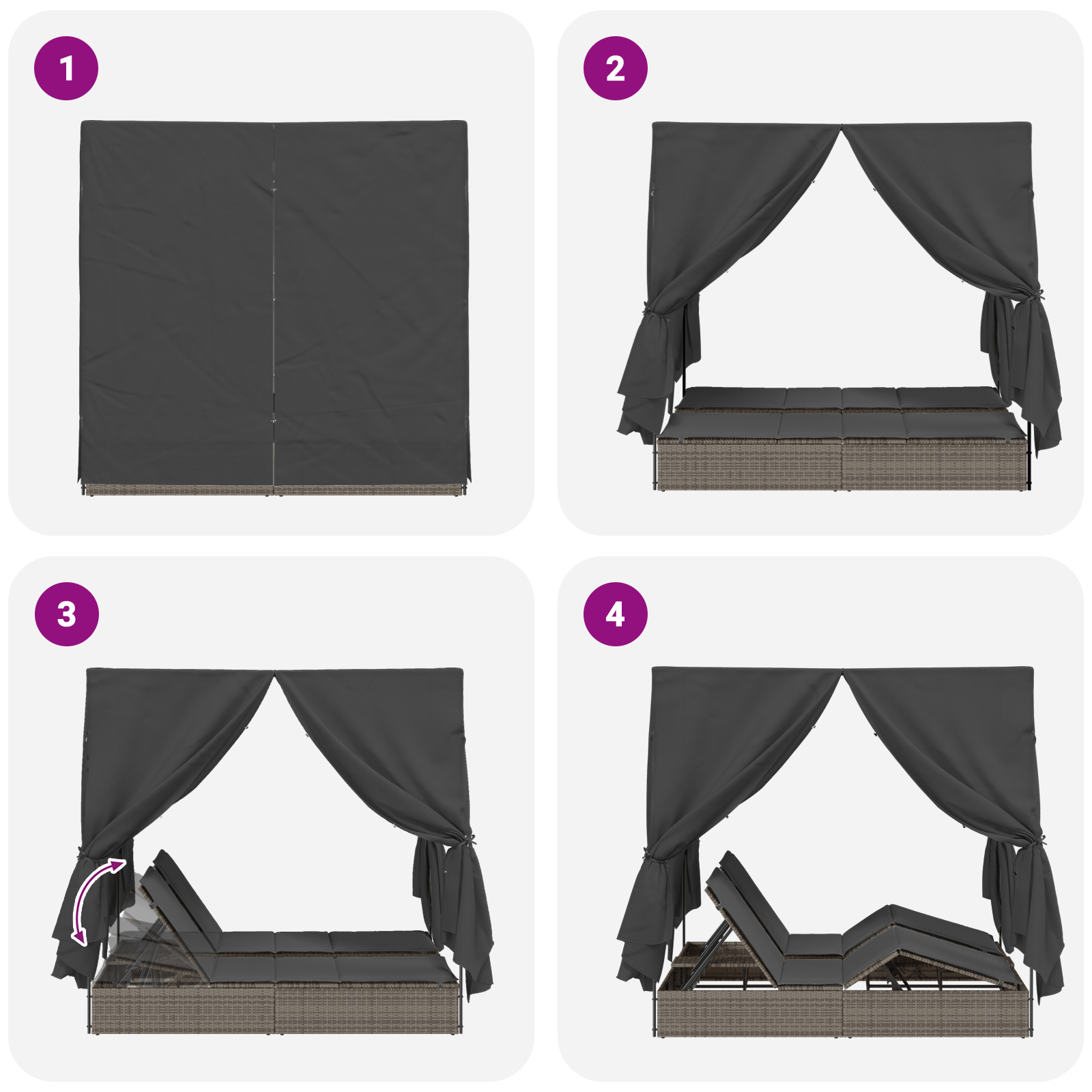 Lettino doppio  con tetto e tende in polyrattan grigio