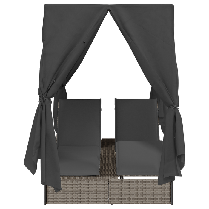 Lettino doppio  con tetto e tende in polyrattan grigio