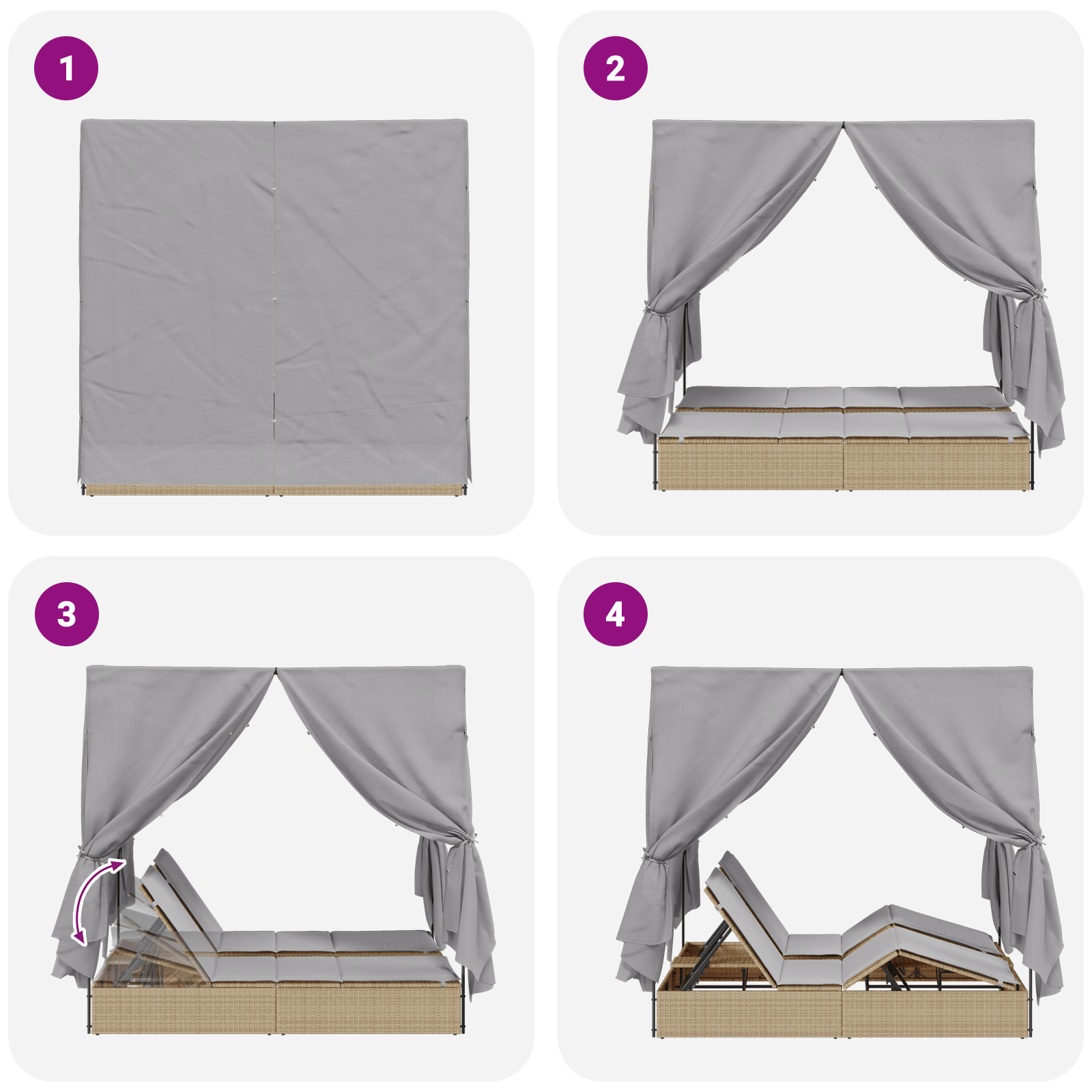 lettino da sole doppio Set di 2 Beige e grigio chiaro Polyrattan