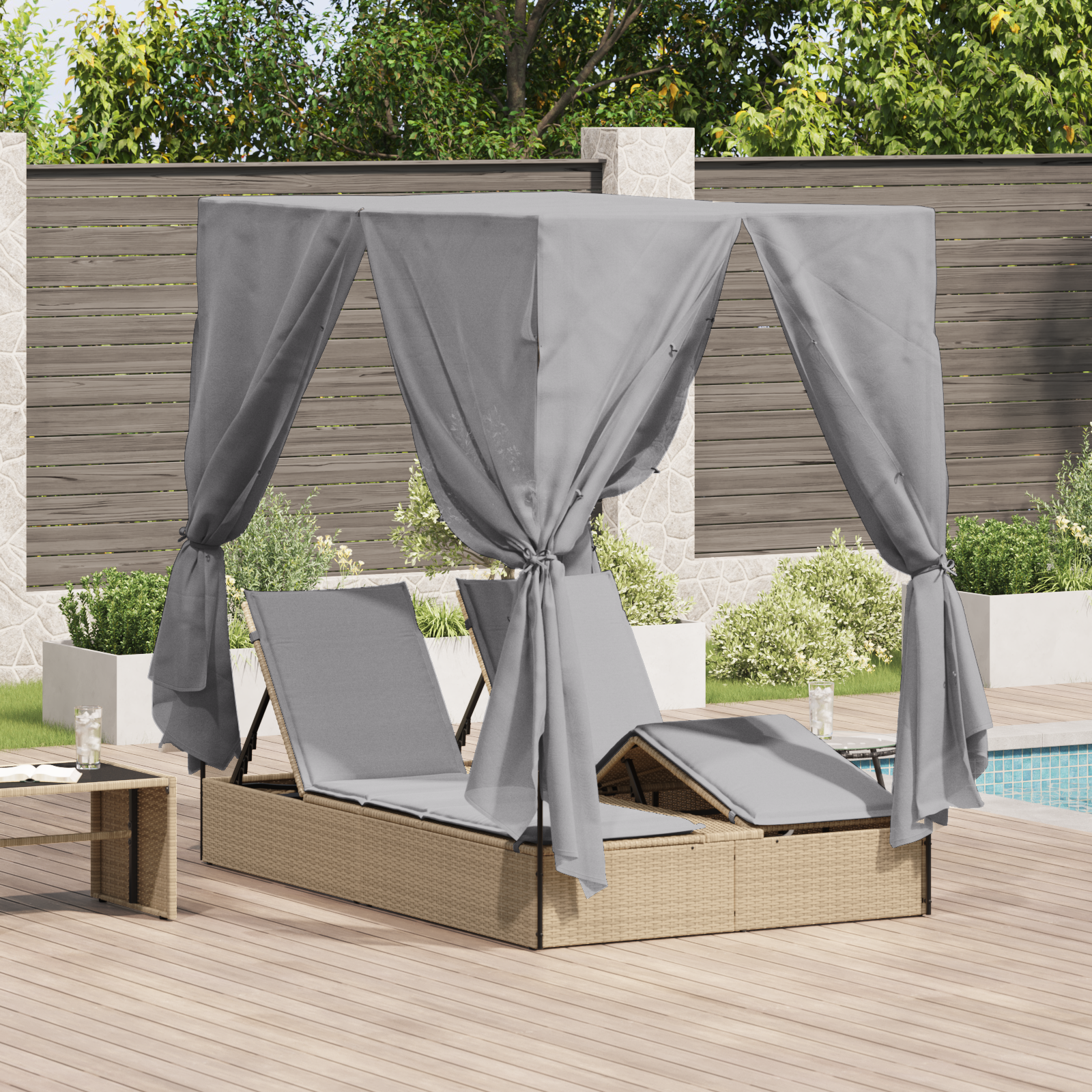 lettino da sole doppio Set di 2 Beige e grigio chiaro Polyrattan