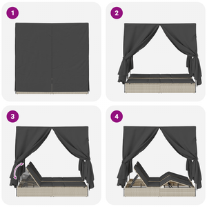 Doppio Lettino Prendisole con Tetto e Tendine Grigio Chiaro in Polyrattan