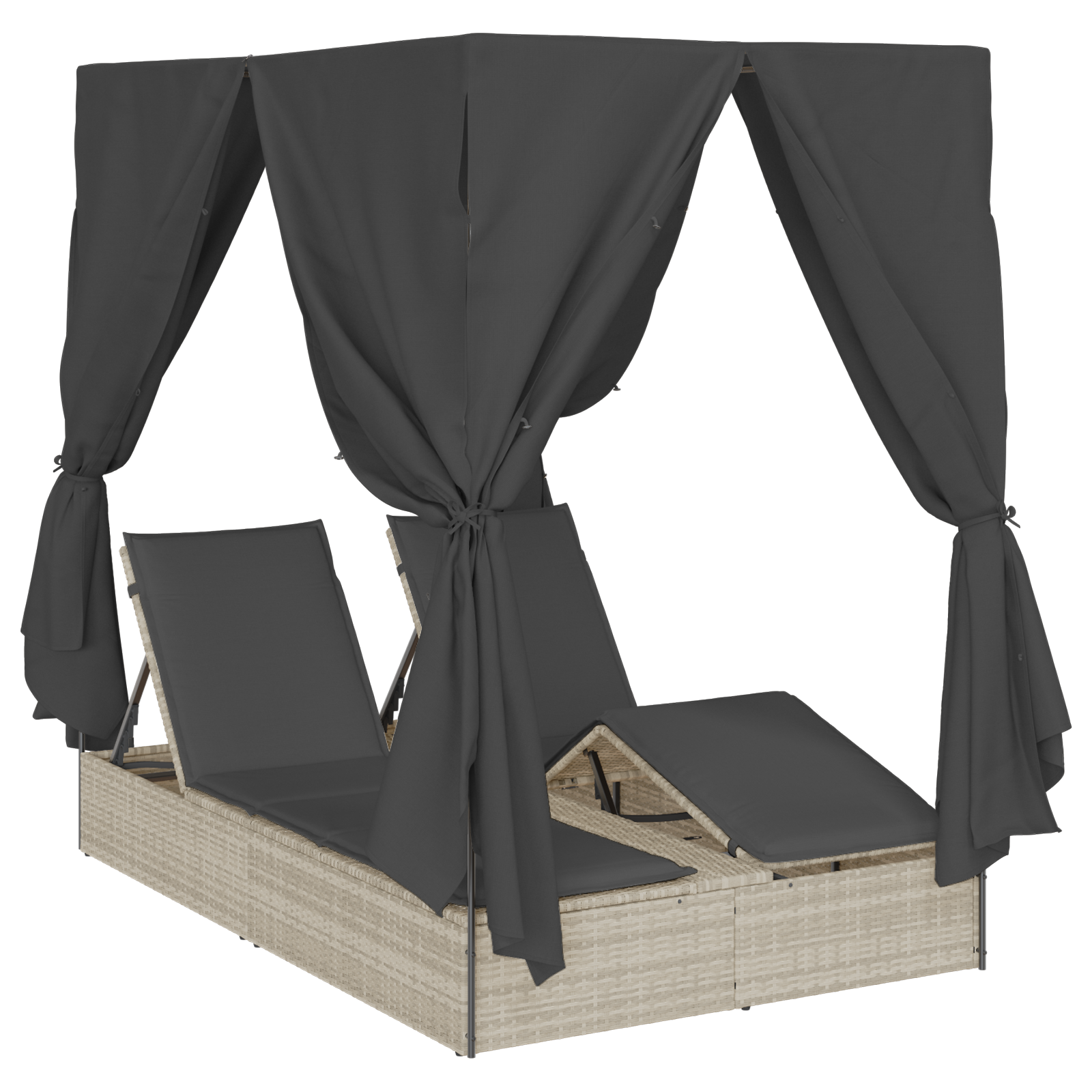 Doppio Lettino Prendisole con Tetto e Tendine Grigio Chiaro in Polyrattan