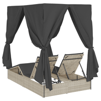 Doppio Lettino Prendisole con Tetto e Tendine Grigio Chiaro in Polyrattan