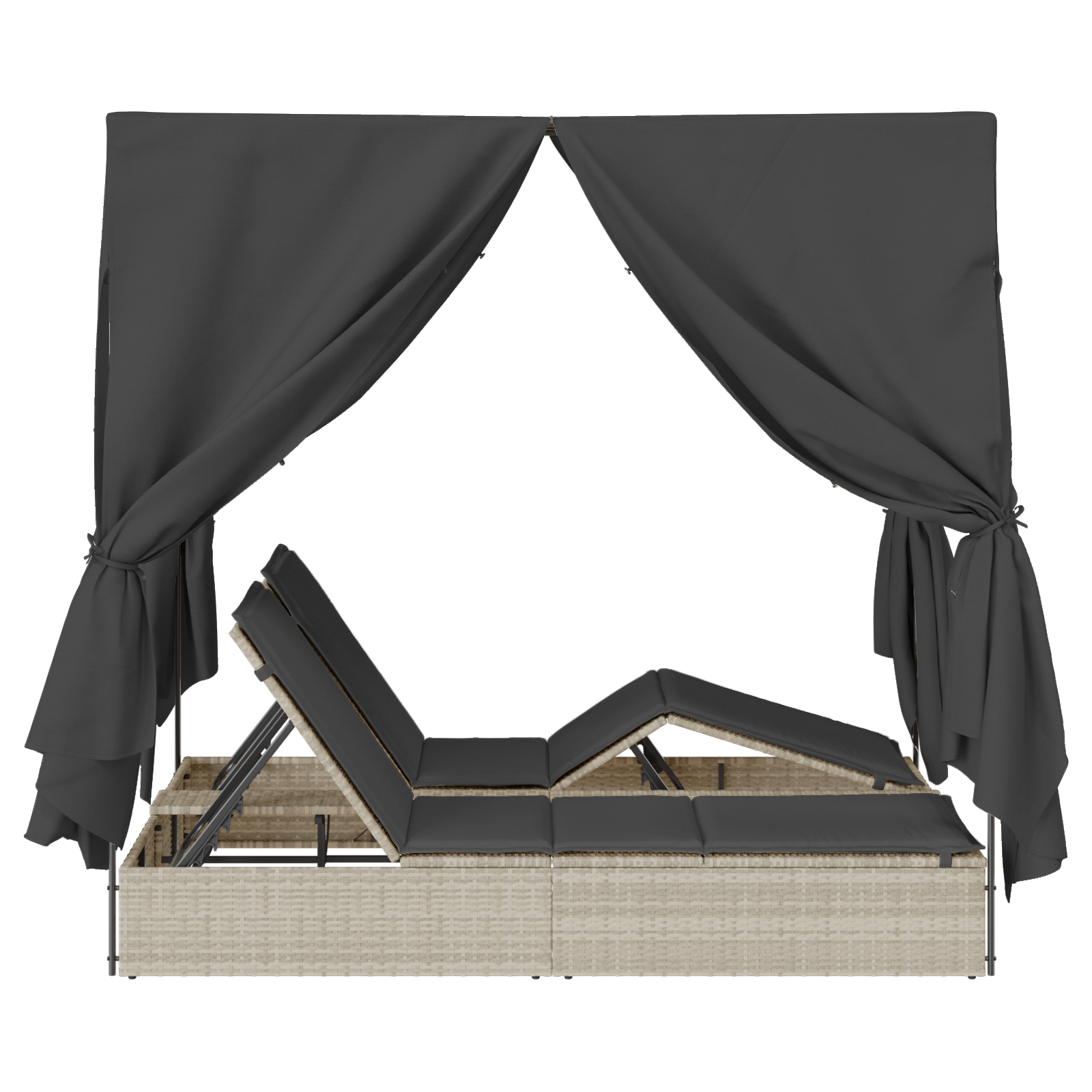 Doppio Lettino Prendisole con Tetto e Tendine Grigio Chiaro in Polyrattan