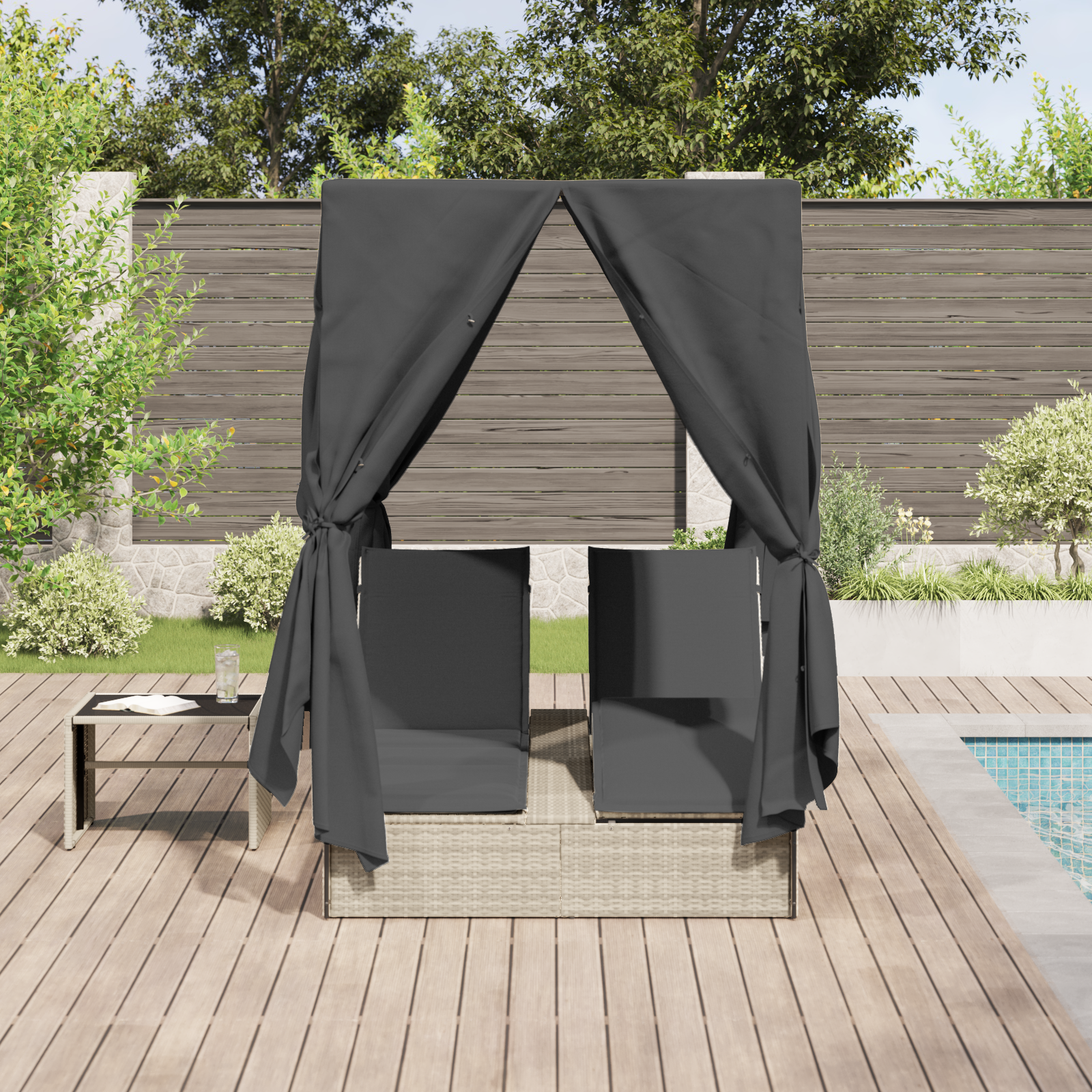 Doppio Lettino Prendisole con Tetto e Tendine Grigio Chiaro in Polyrattan