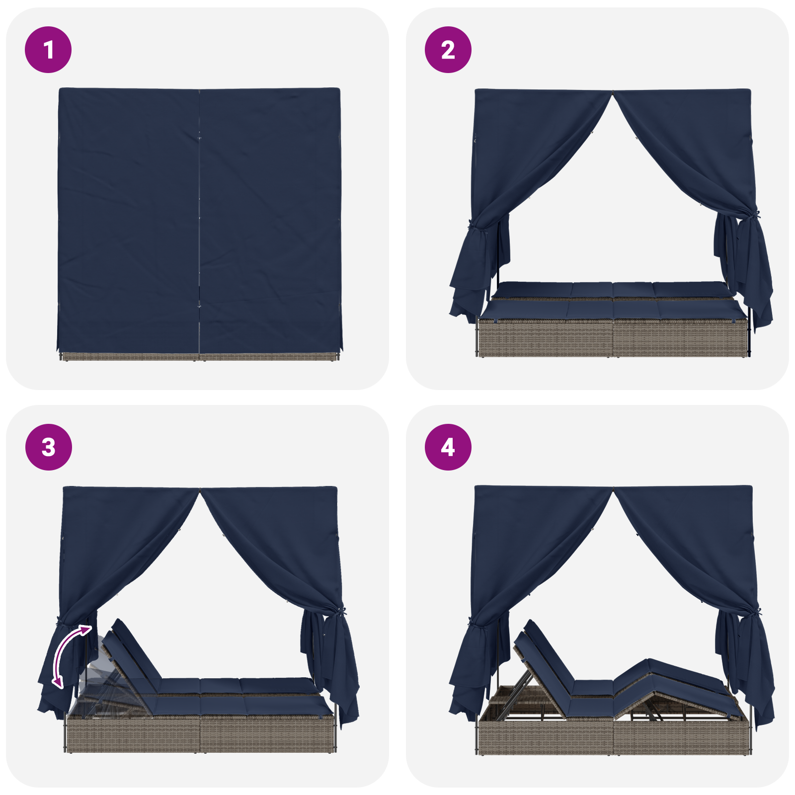 Lettino da sole doppio Set di 2 Grigio e blu navy Rattan Grande