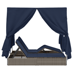 Lettino da sole doppio Set di 2 Grigio e blu navy Rattan Grande