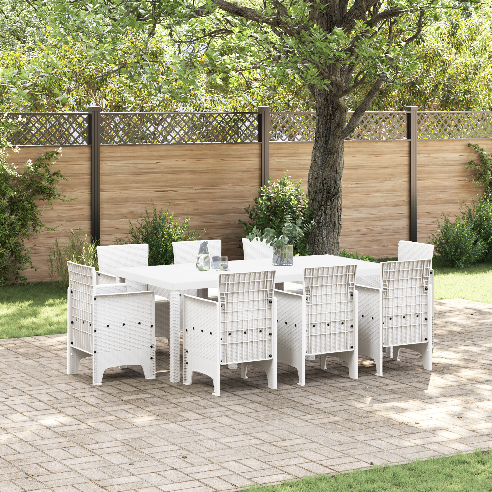 Set da pranzo da giardino 9 pezzi con cuscini bianchi in polyrattan