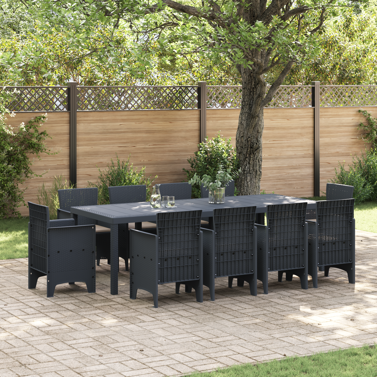Set Pranzo Giardino 11 Pezzi con Cuscini Antracite Polyrattan