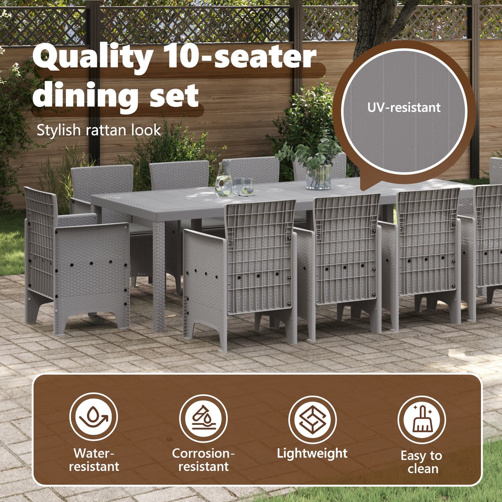Set da Pranzo da Giardino da 11 Pezzi con Cuscini Grigio Chiaro Polyrattan