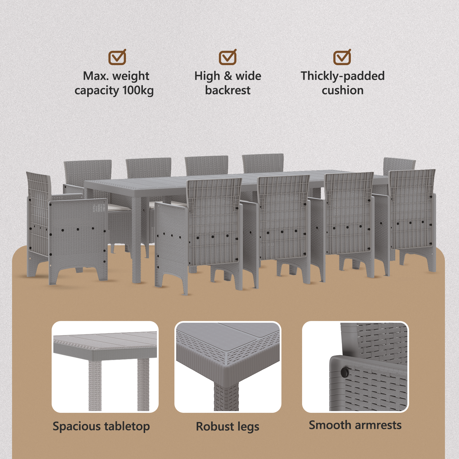 Set da Pranzo da Giardino da 11 Pezzi con Cuscini Grigio Chiaro Polyrattan