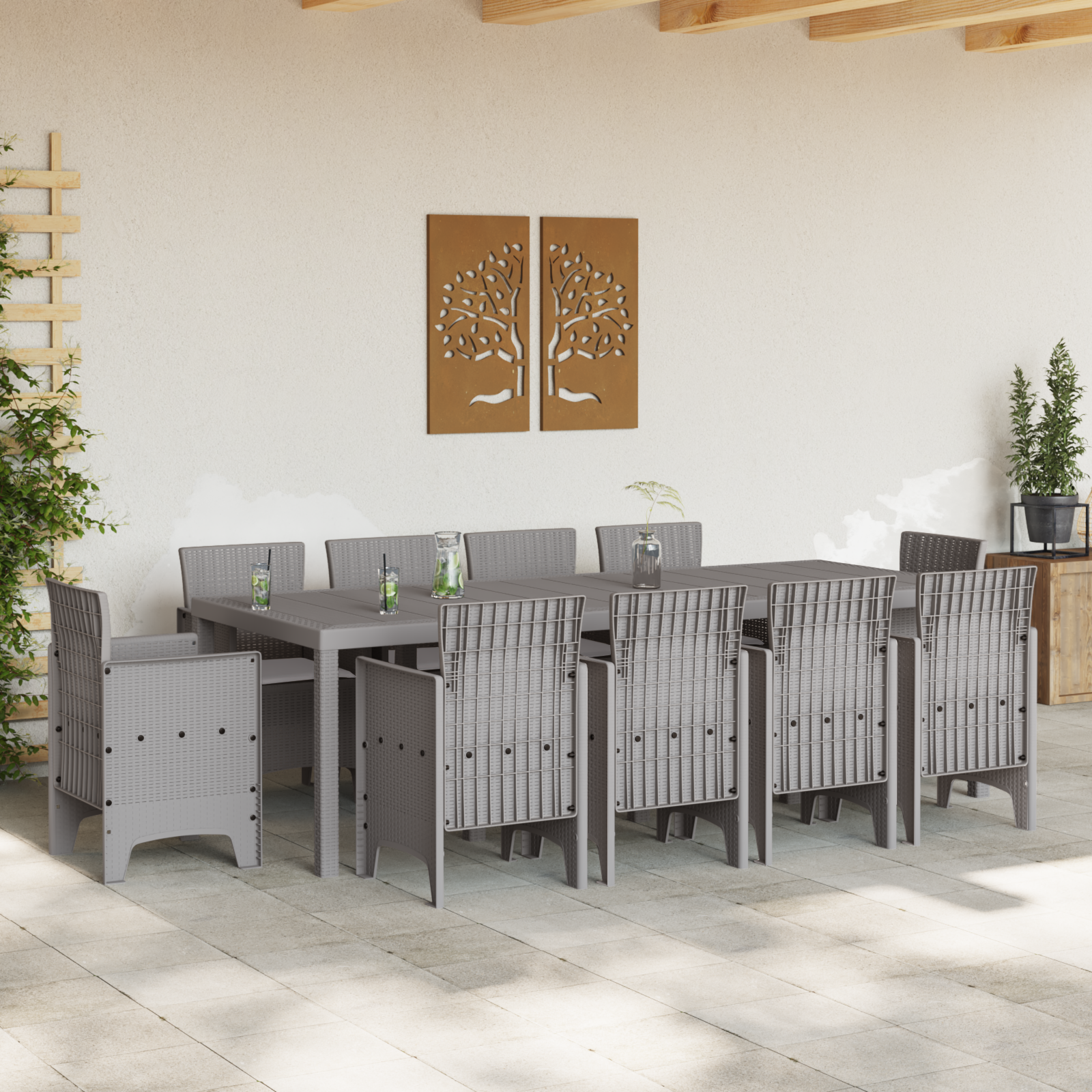 Set da Pranzo da Giardino da 11 Pezzi con Cuscini Grigio Chiaro Polyrattan